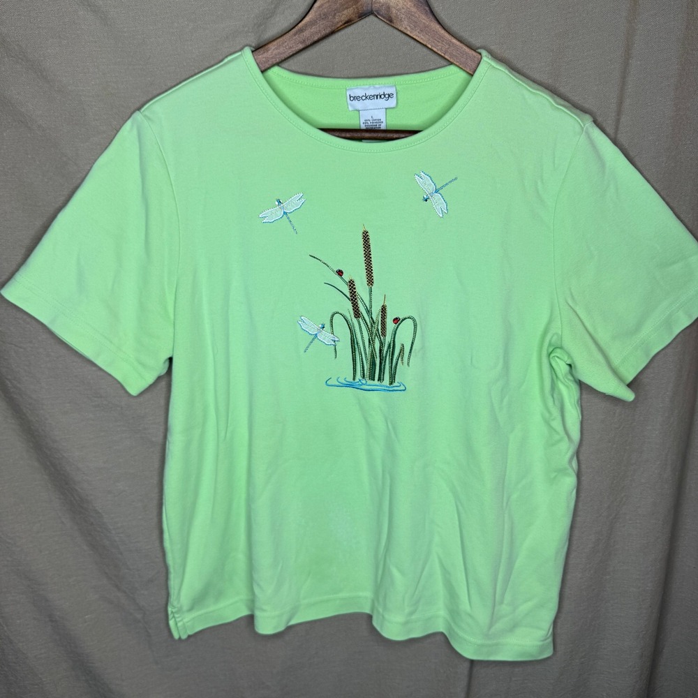 Breckenridge Womens Lime Green Embroidered Dragonfly Cattails Tee Shirt Large
